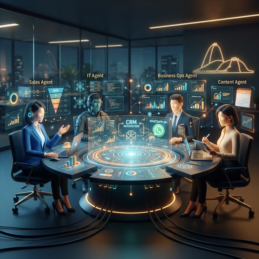 Equipe de agentes de IA coordenando vendas, tecnologia, negócios e conteúdo