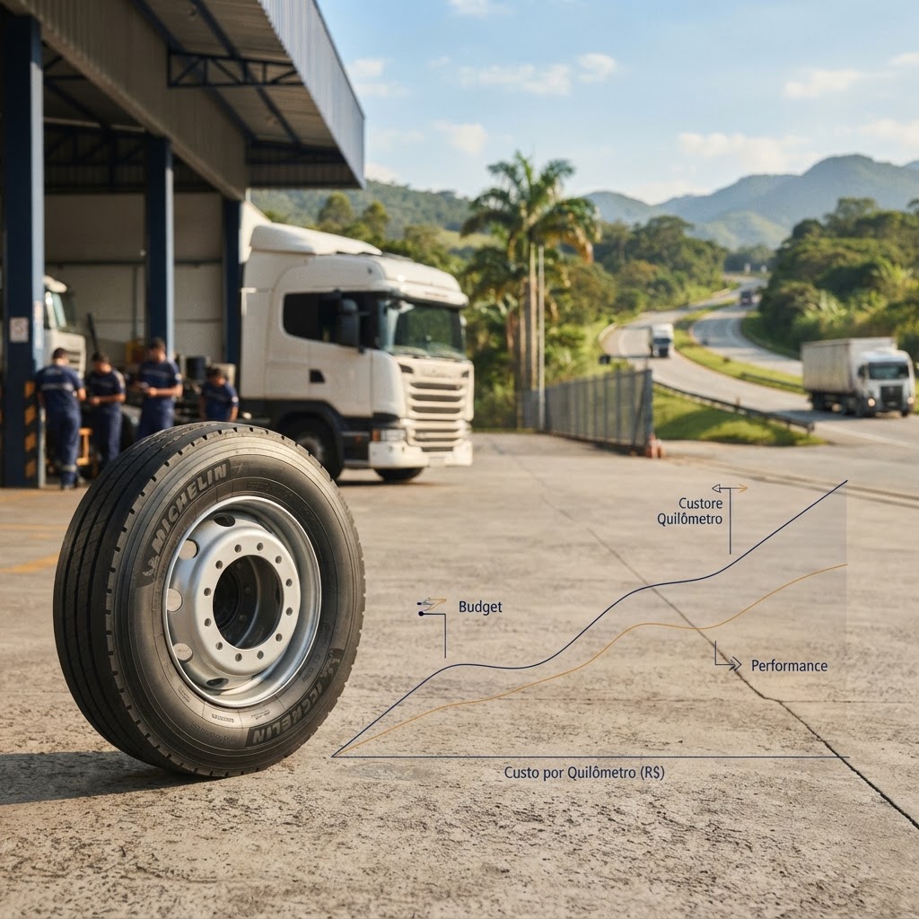 Pneu de caminhão em pátio logístico, representando o planejamento de custos por quilômetro